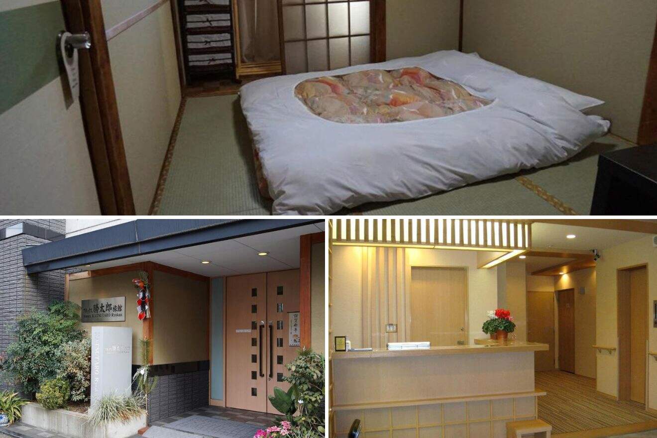 Collage of three hotel pictures: bedroom, hotel entrance, and reception