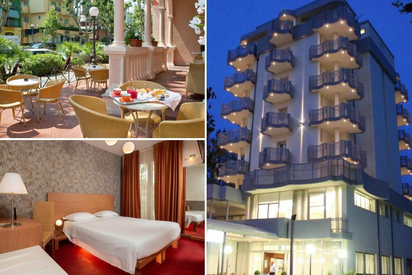 collage of 3 images with: bedroom, hotel's building and dining room
