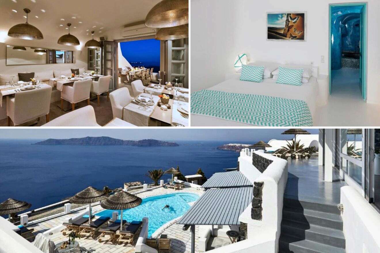 collage of 3 images with: bedroom, restaurant and pool