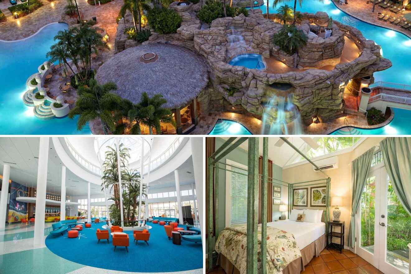 collage of 3 images with: lounge, bedroom and pool