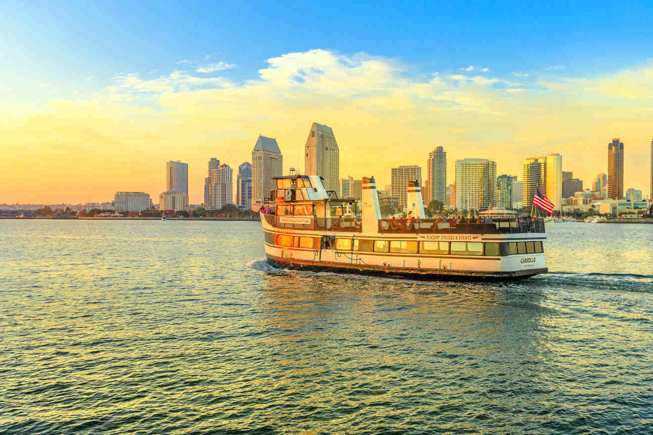 San diego cruise with the city in the background at sunset