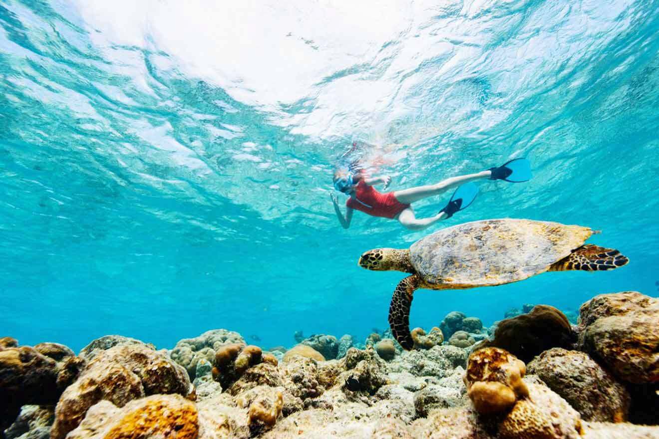 Snorkeler swimming underwater alongside a sea turtle over a coral reef in clear blue water.