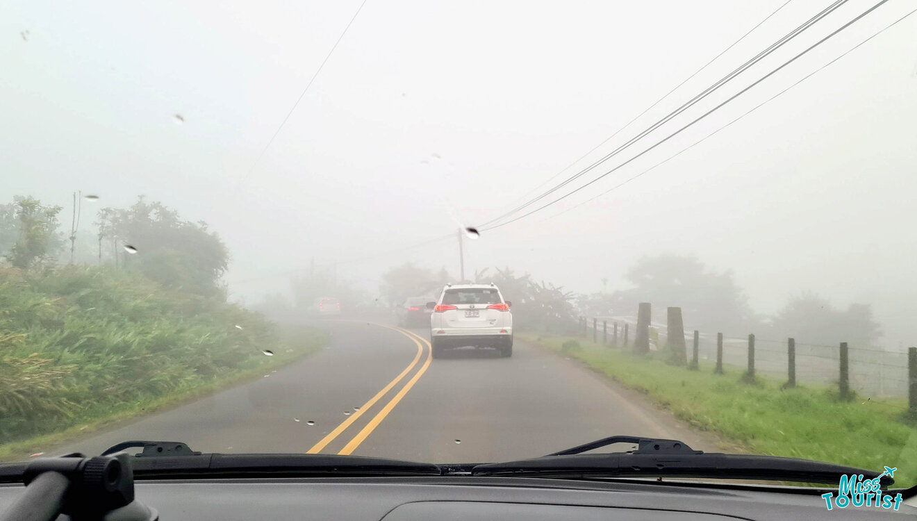 A car driving down a road in a foggy day.