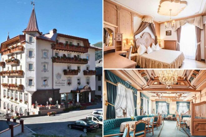 collage of 3 images with: a bedroom, restaurant area and the hotel's building