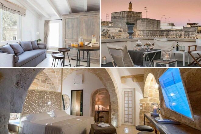 Collage of three images: a bright living room, a rooftop patio with city views, and a cozy stone-walled bedroom.