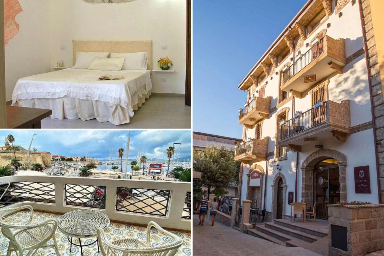 collage of 3 images with: a bedroom, hotel's building and lounge on the terrace