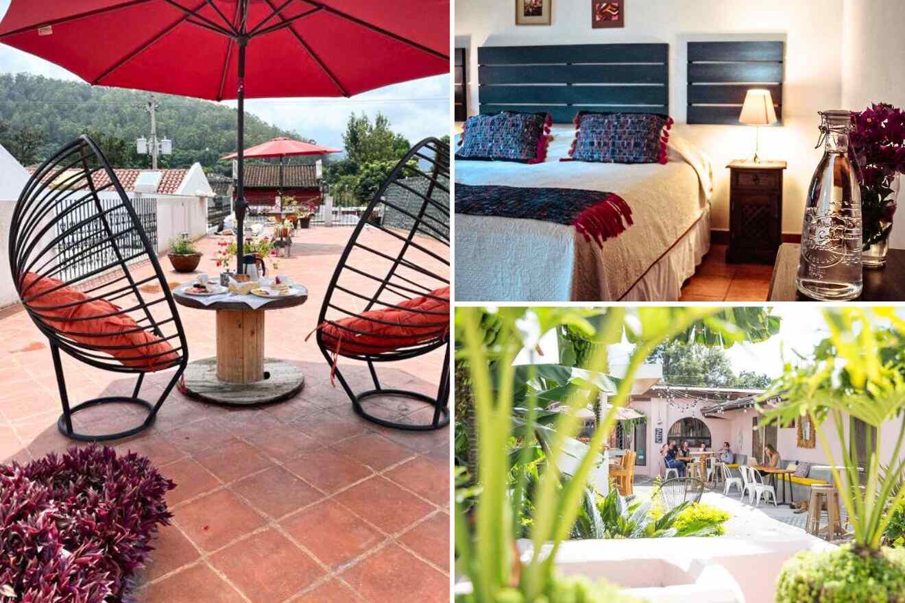 collage of 3 images with: bedroom, outdoor restaurant and lounge on the terrace