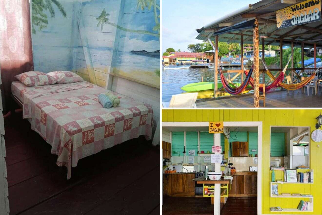 Collage of three hostel photos: bedroom, outdoor terrace on the water with hammocks, and shared kitchen
