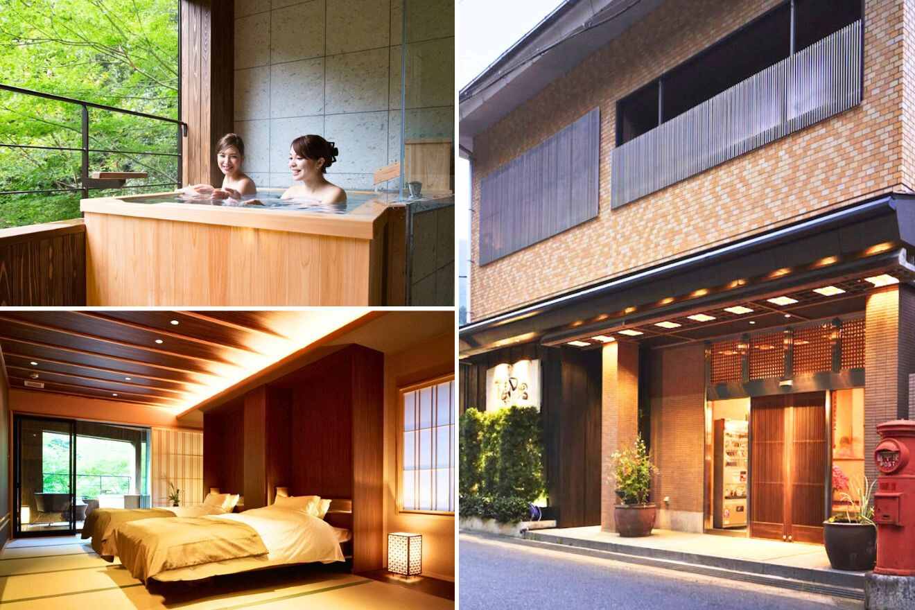 collage of 3 images of a Japanese house with: hotel's building, private ryokan and bedroom