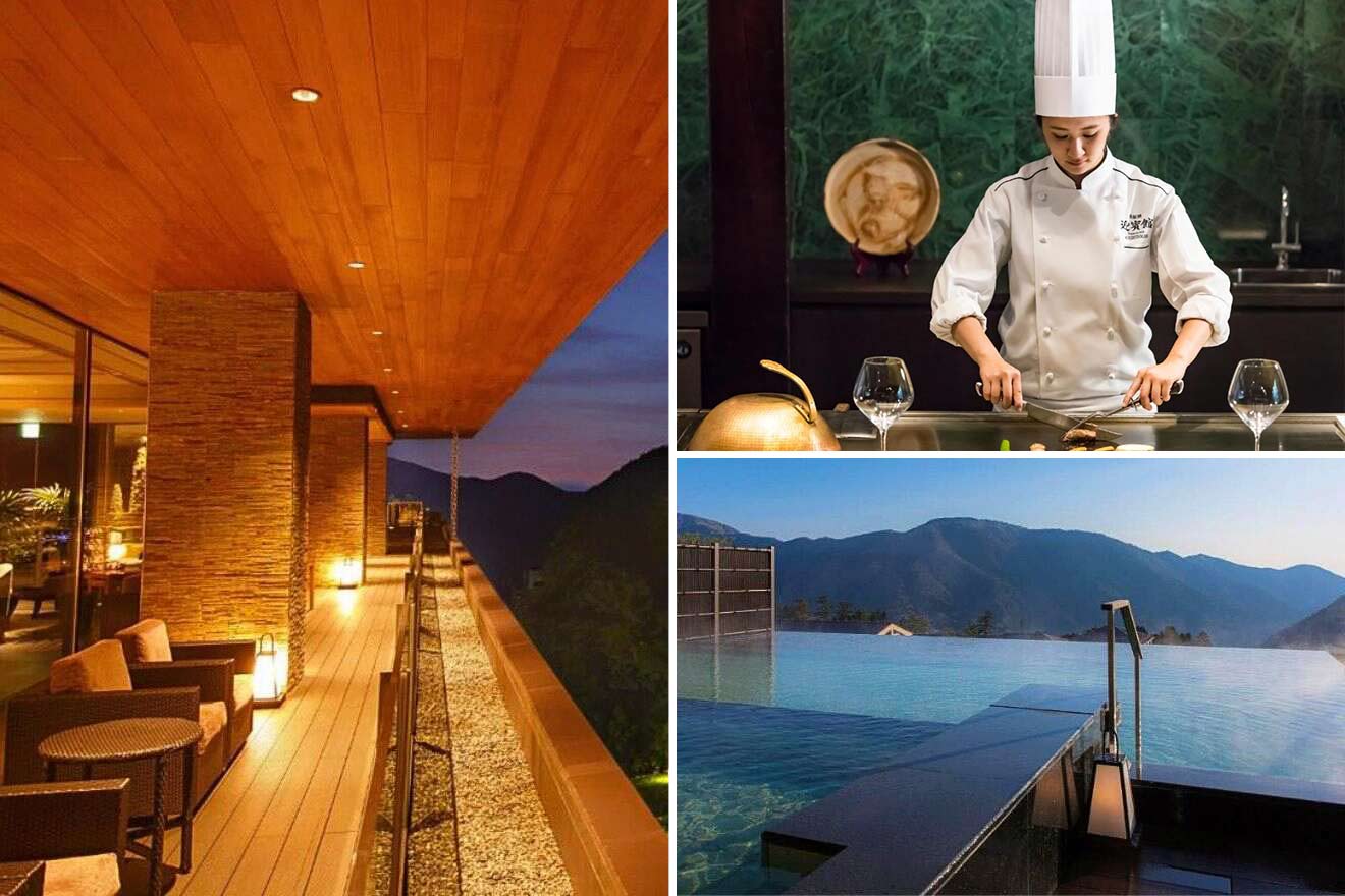 collage of three images: a private pool, lounge on the terrace and cooking chef