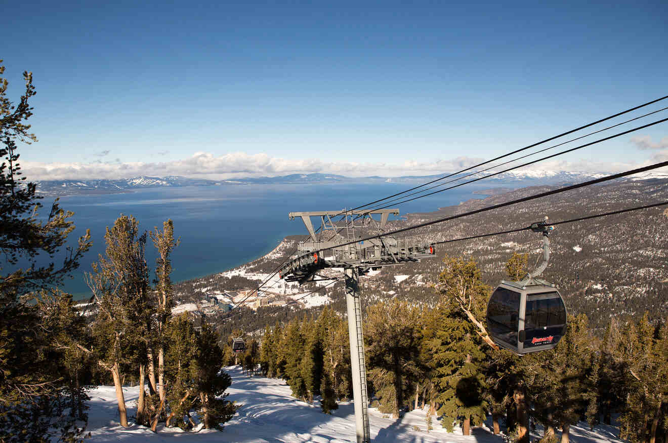 a mountain gondola ride with view of a lake