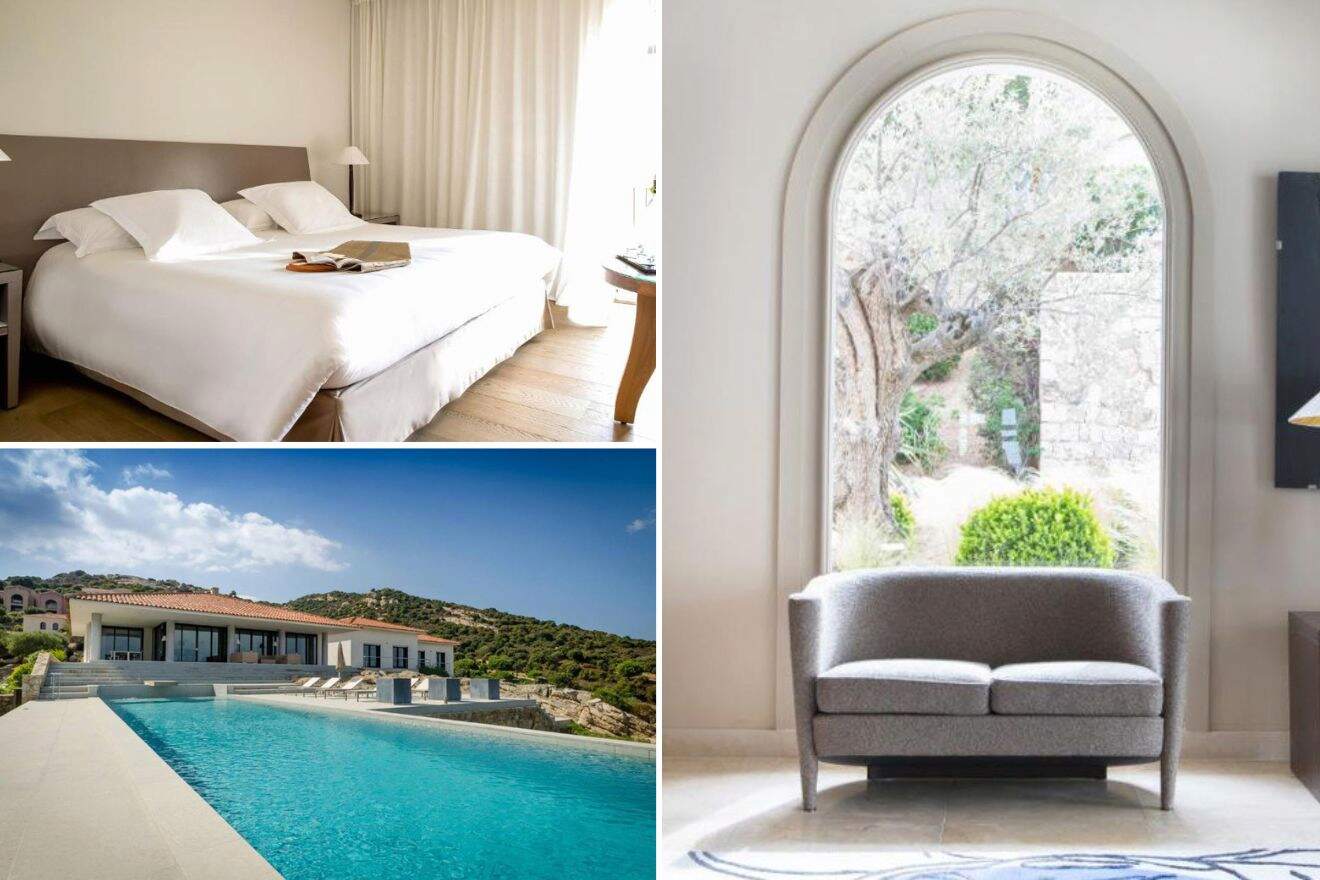 Collage of three hotel pictures: bedroom, outdoor pool, and seating area by a window