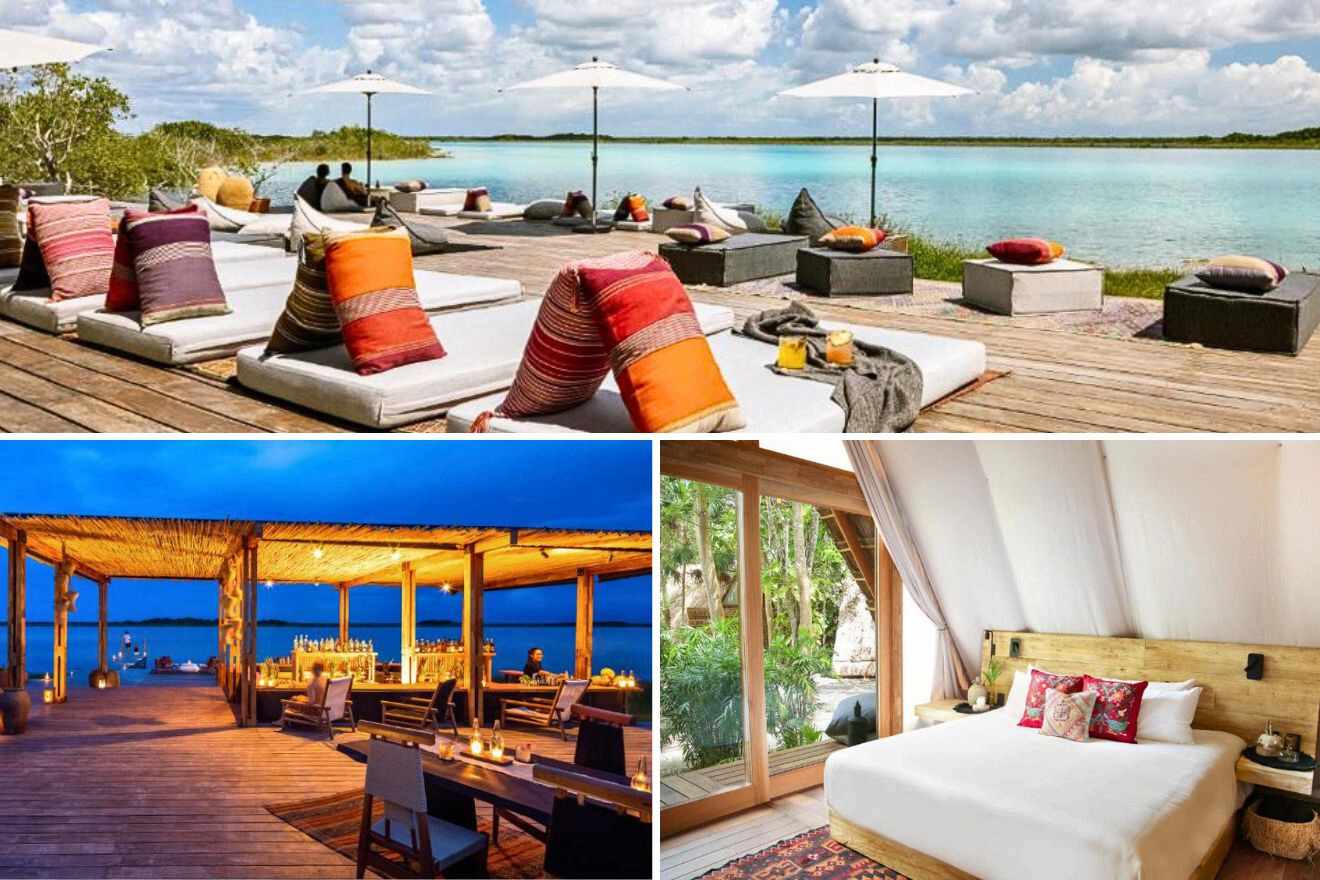 Collage of a lakeside lounge with colorful cushions, an outdoor dining area at dusk, and a cozy bedroom with a pool view.