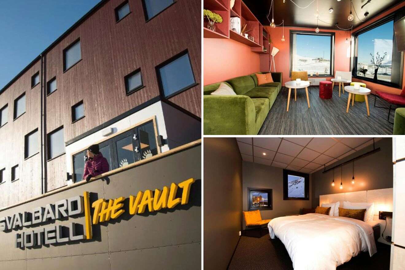 collage of 3 images with: a bedroom, lounge and hotel's building