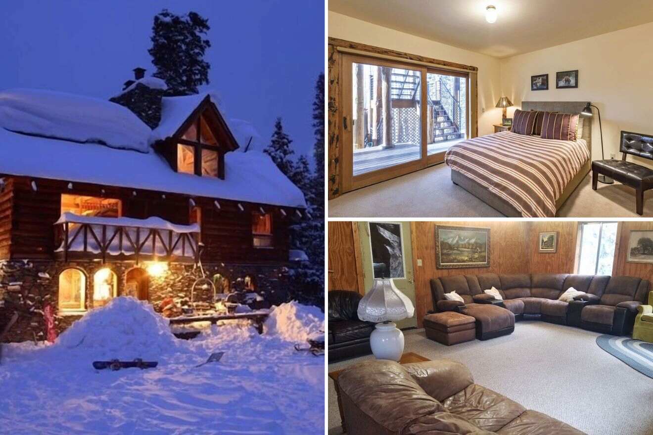 collage of 3 images with: cabin on a snowy field, bedroom and lounge