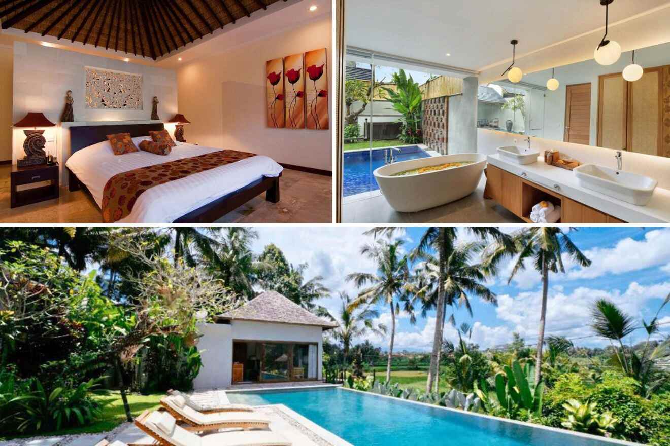 collage of 3 images with: a pool, bedroom and bathroom