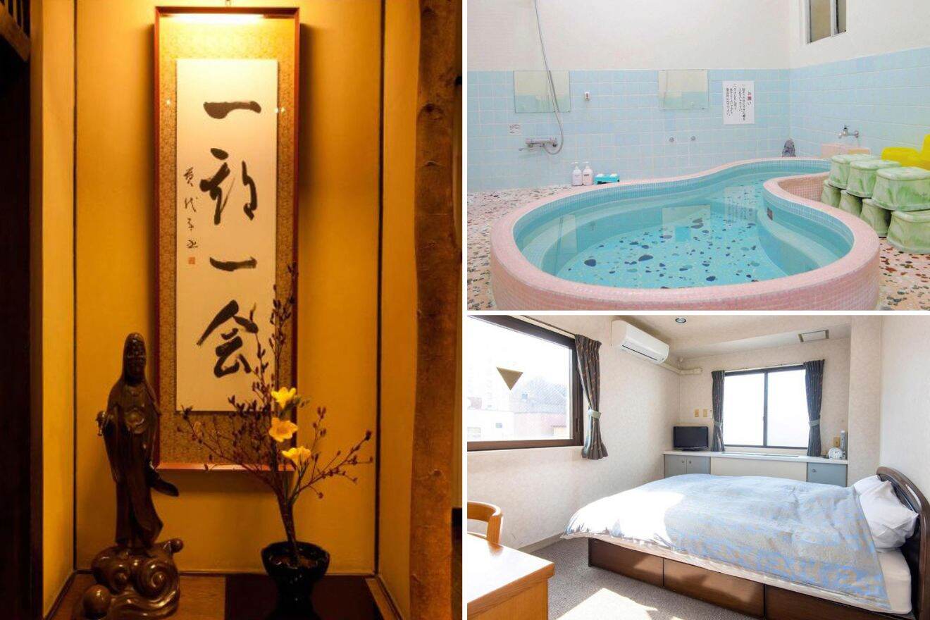 Collage of three hotel pictures: decoration, hot tub, and bedroom