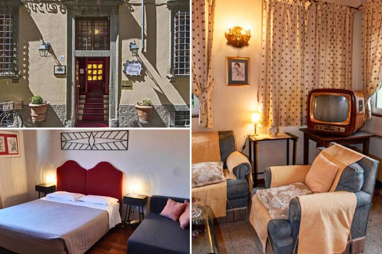 collage of 3 images with: a bedroom, lounge with couch and an old tv and hotel's entrance