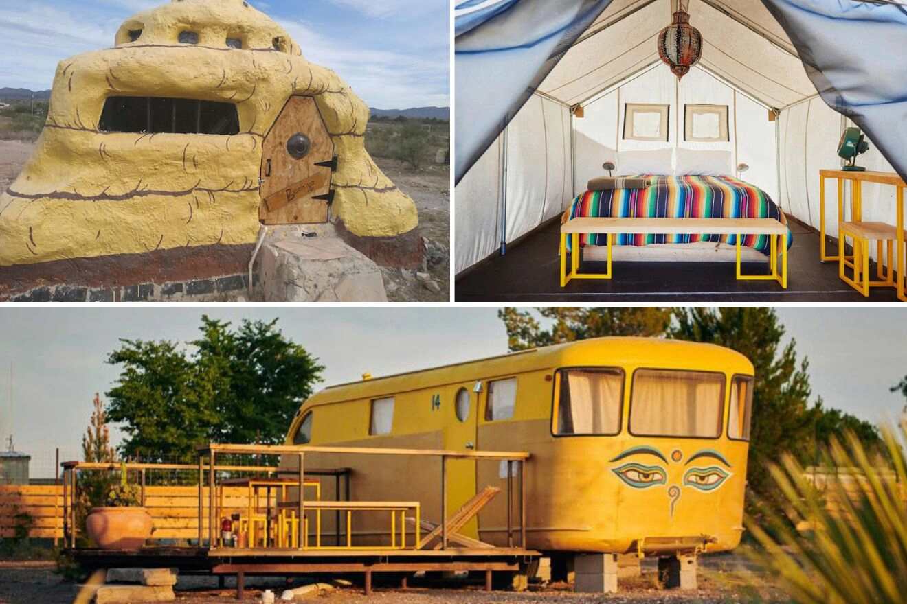 collage of 3 images with: a yellow camper, honeybee lookalike hotel and a bed inside a tent