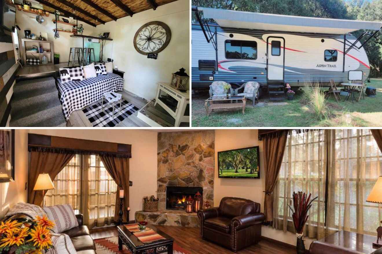 collage of 3 images with: lounge, RV and lounge area next to the fireplace