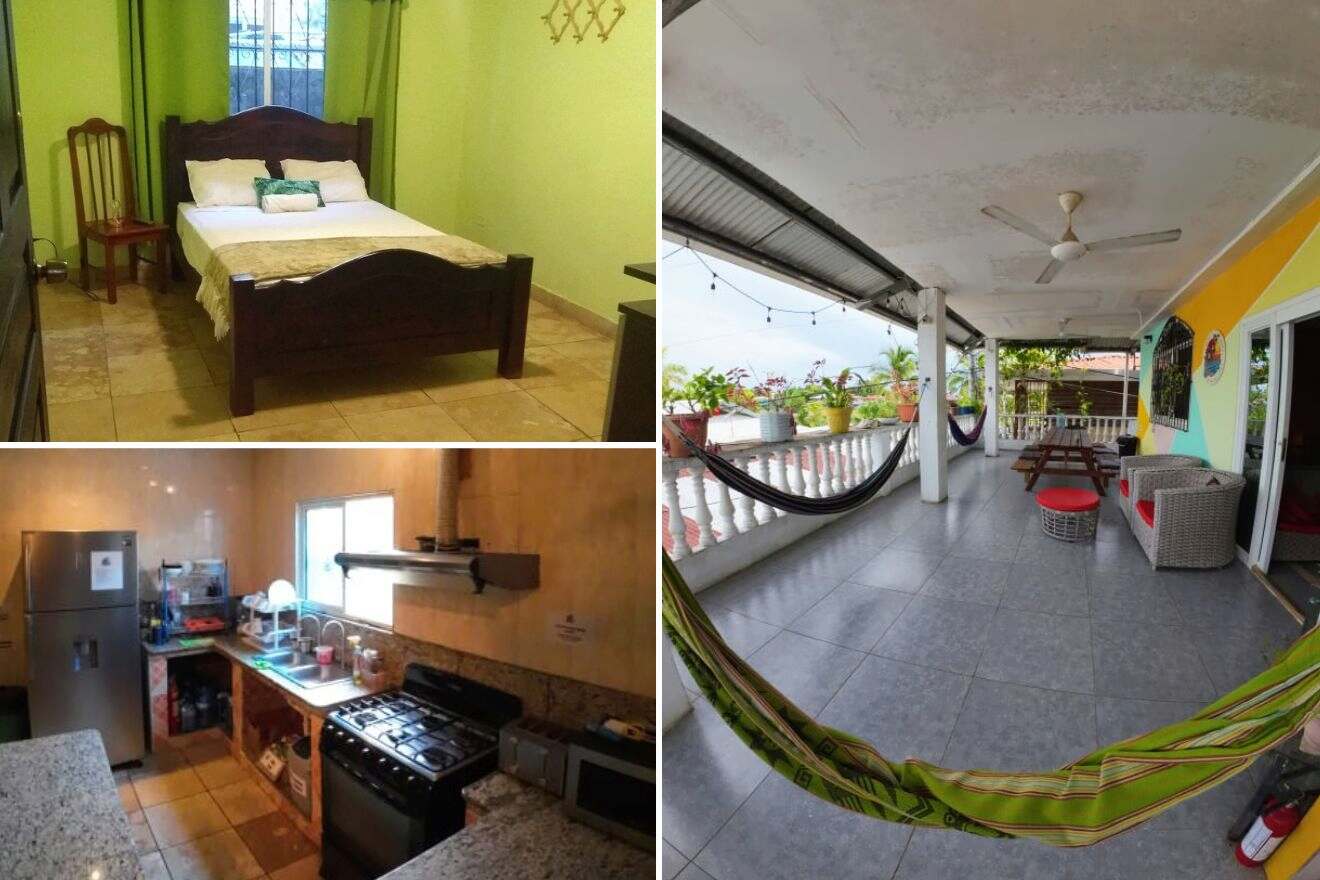 Collage of three hostel photos: bedroom, shared kitchen, and outdoor terrace with hammocks
