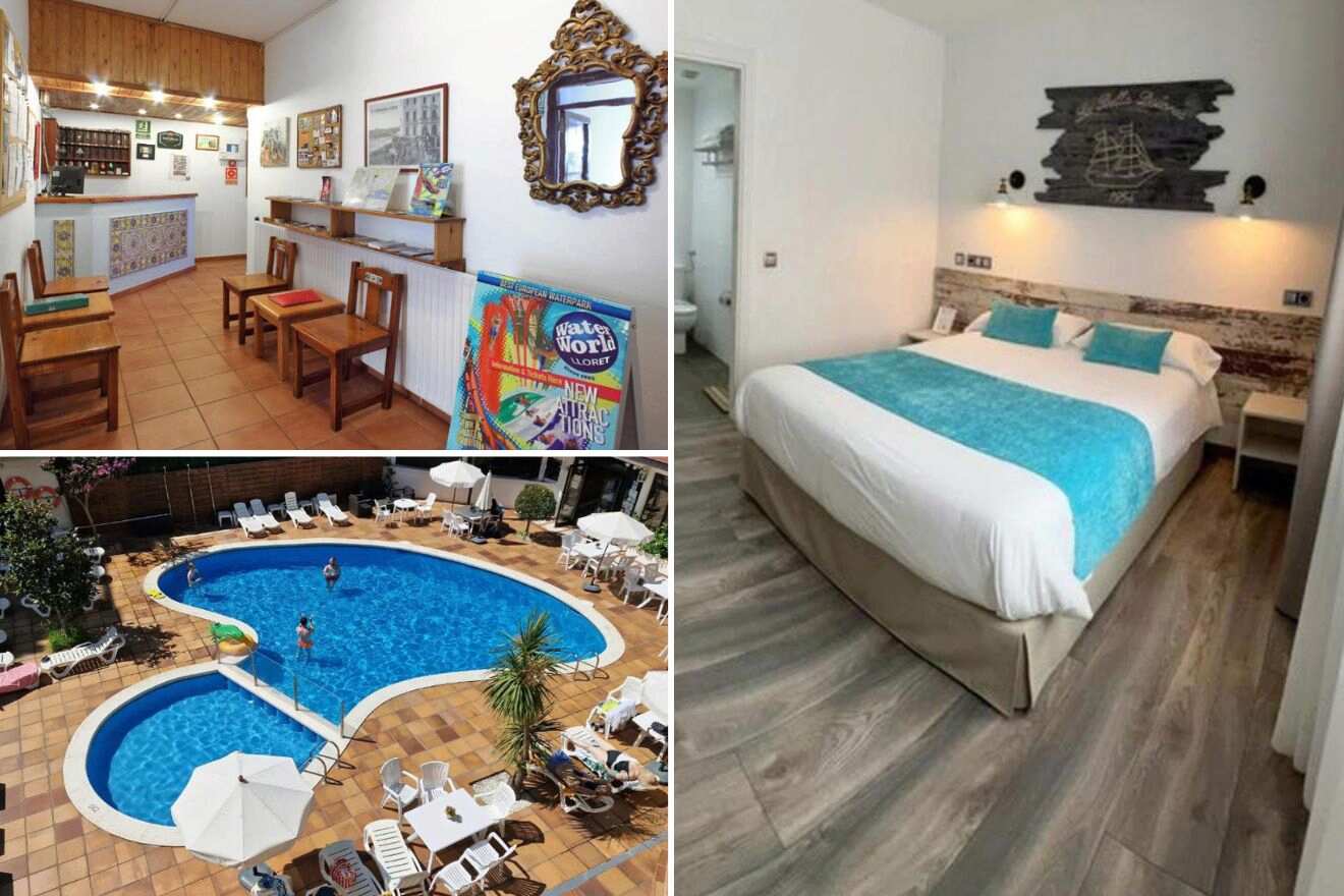 Collage of three hotel pictures: hotel reception, outdoor pool, and hotel bedroom