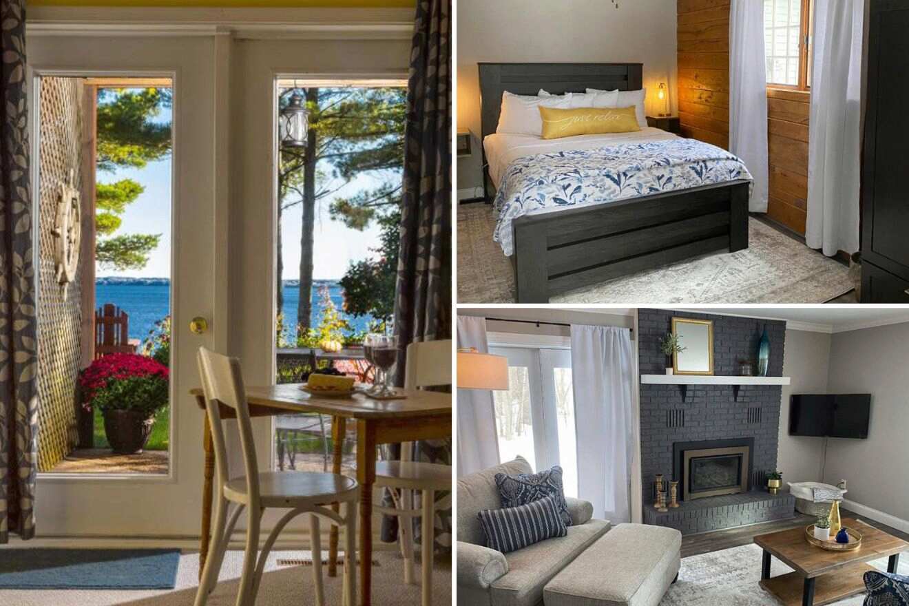Collage of three hotel pictures: dining are with a view, bedroom, and living room with a fireplace