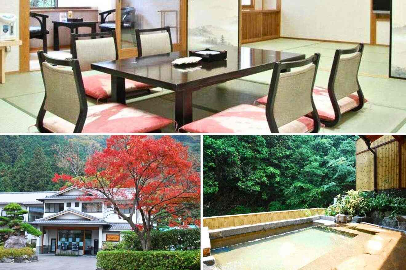 collage of 3 images of a Japanese house with: hotel's building, private ryokan and table with chairs