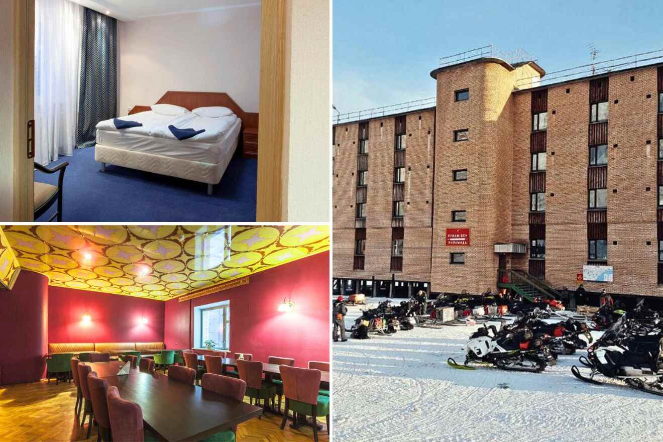 collage of 3 images with: a bedroom, dining room and hotel's building