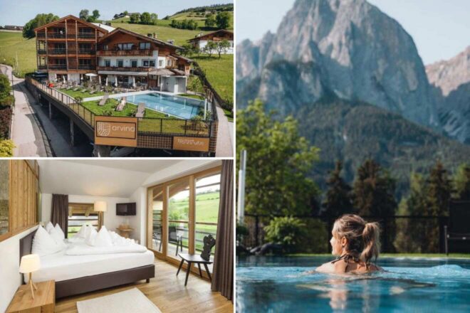 collage of 3 images with: a bedroom, a woman swimming in a pool with a view over the mountains and the hotel's building