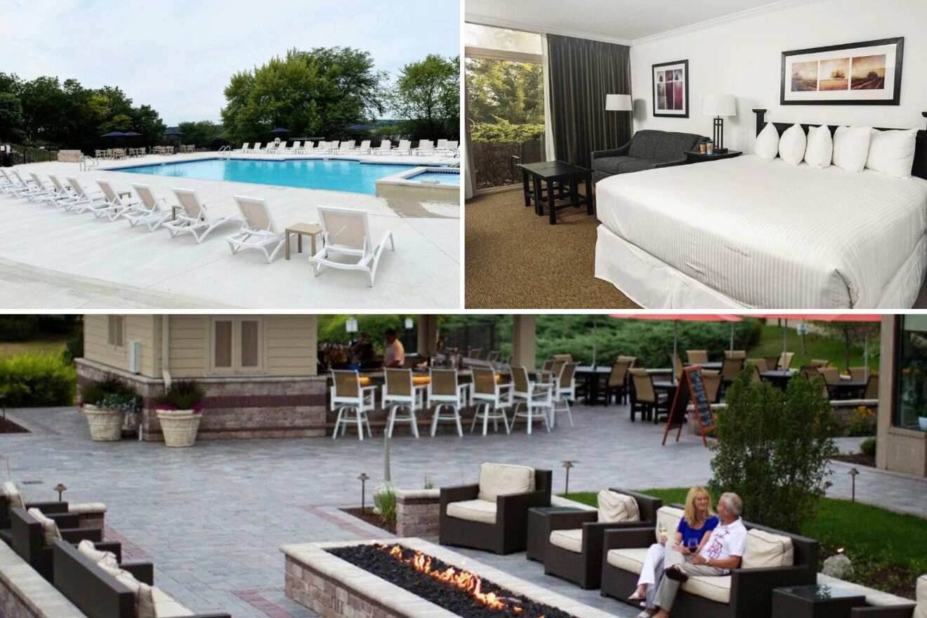 collage of 3 images with: a pool, bedroom and outdoor lounge