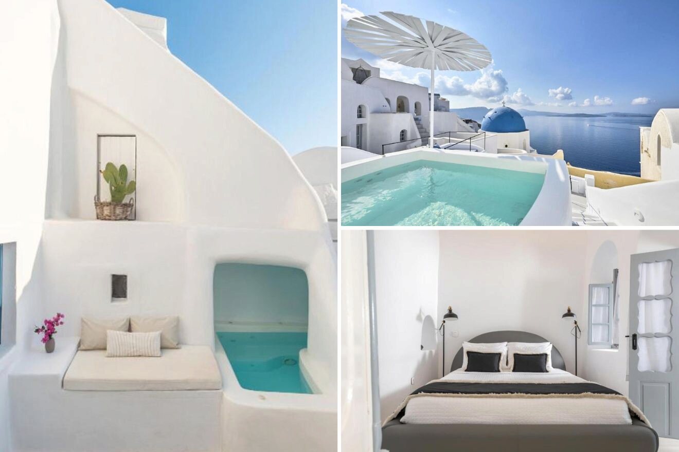 collage of 3 images with: bedroom, chilling place by a pool and pool area with a view over the ocean