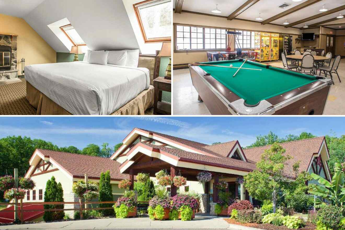 collage of 3 hotel pictures: a bedroom, a pool table, and hotel exterior