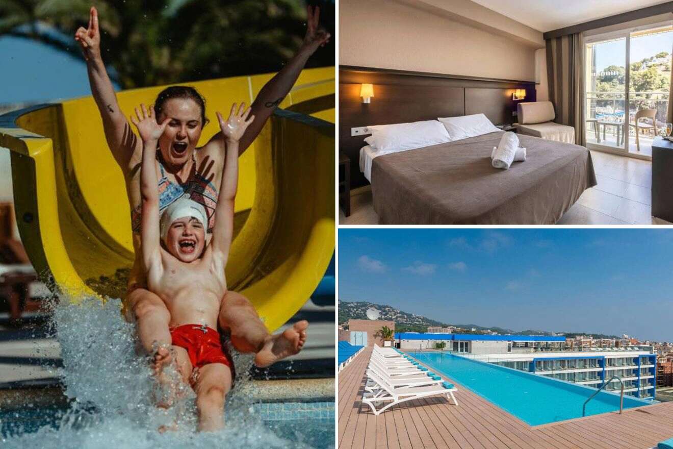 Collage of three hotel pictures: a woman and child going down a water slide, bedroom, and outdoor pool