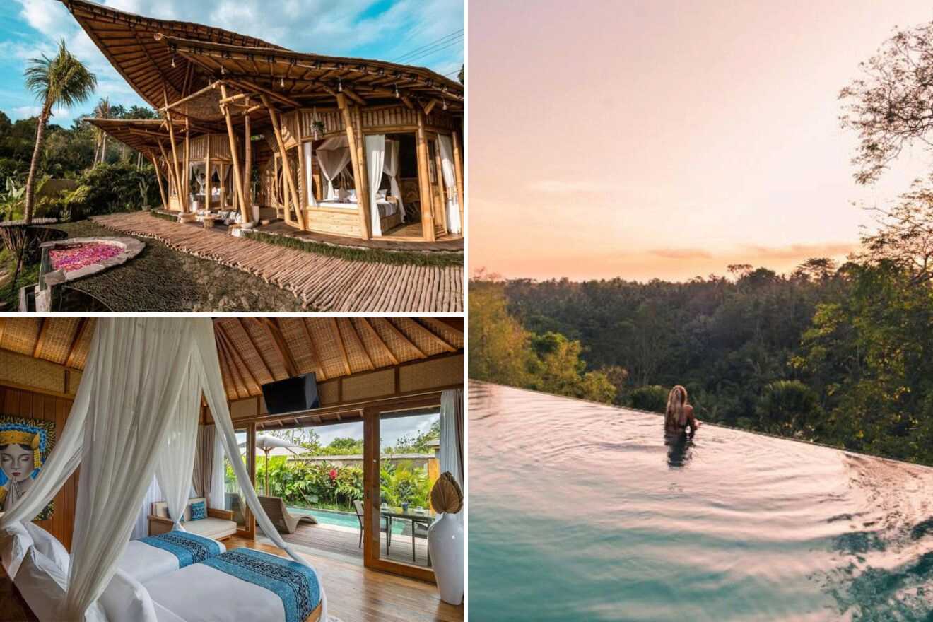 collage of 3 images with: a pool, bedroom and wooden house