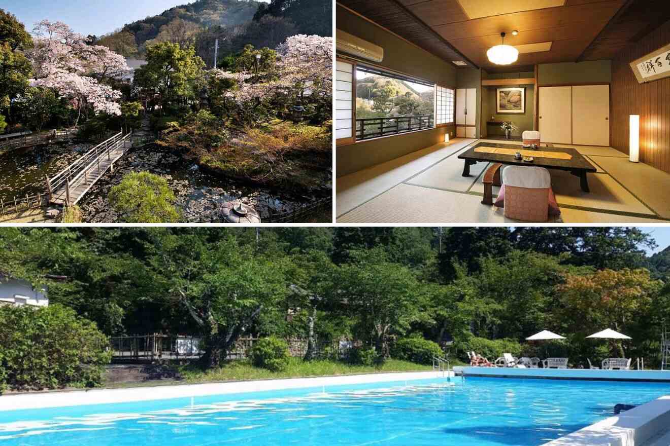 collage of 3 images of a Japanese house with: garden details, a pool and table with chairs