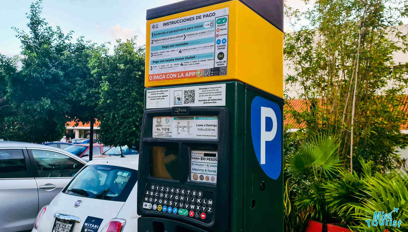 A parking meter in a parking lot.