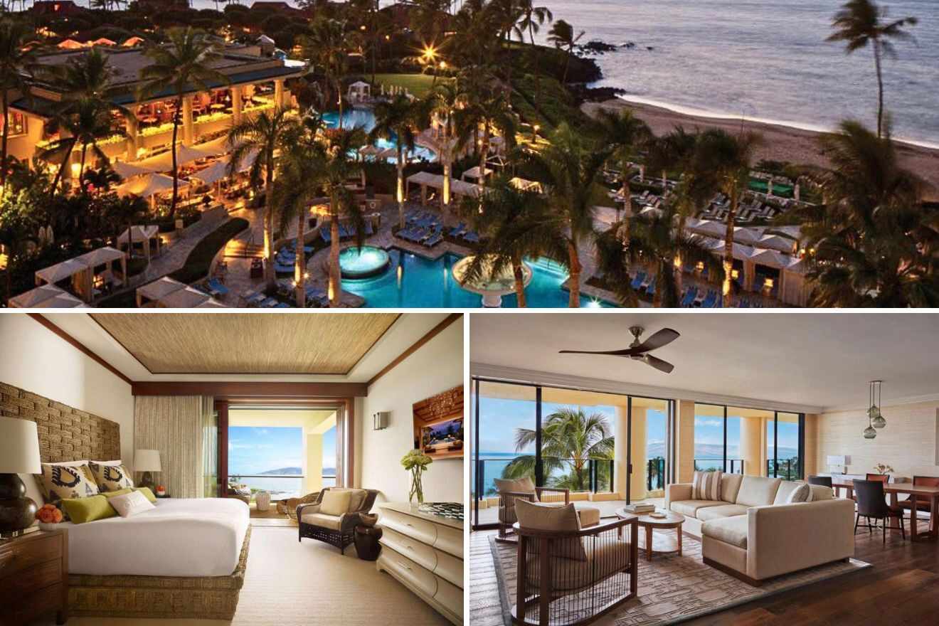 collage of 3 images with: a bedroom, aerial view over the resort and lounge
