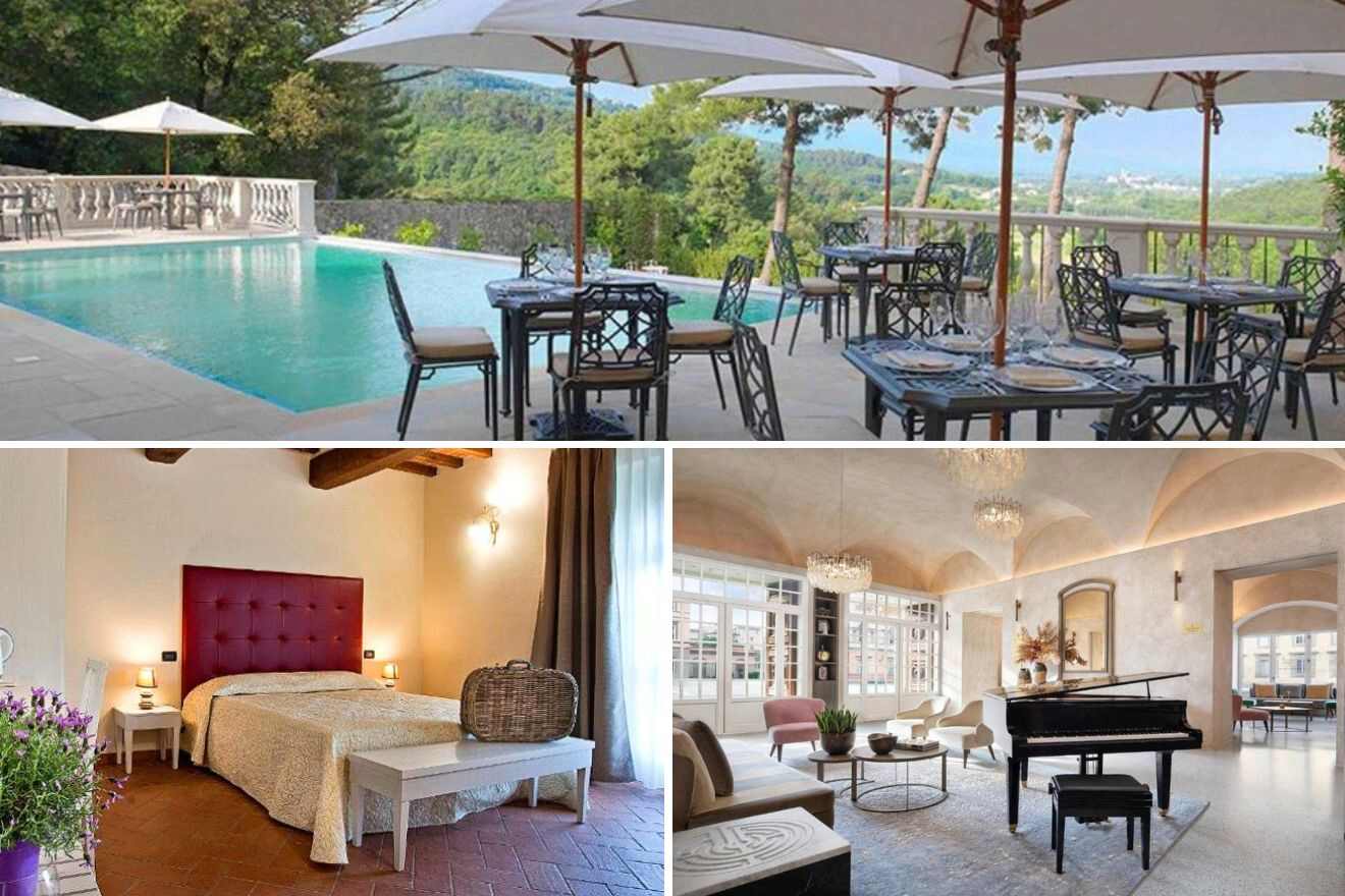 collage of 3 images with: a bedroom, lounge with a piano in the foreground and a pool next to the dining area