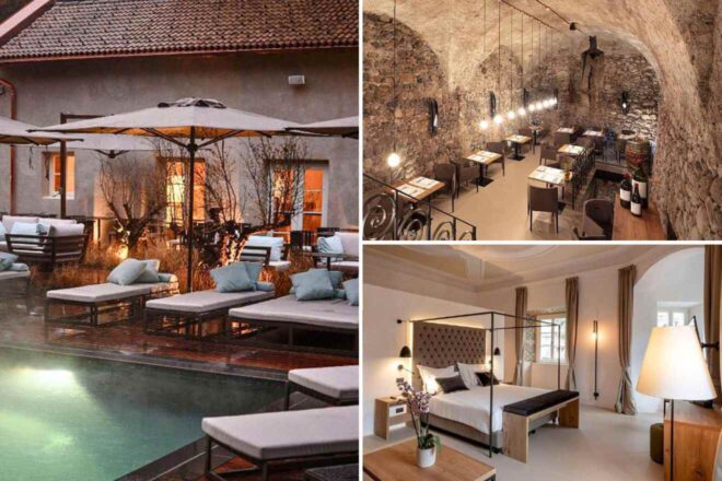 collage of 3 images with: a bedroom, restaurant and a pool with sunbeds and umbrellas