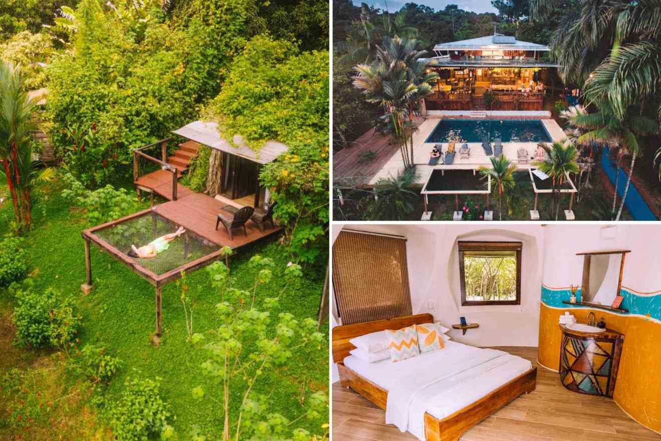 Collage of three hostel photos: aerial view of a cabin with a built-in hammock, aerial view of an outdoor pool, and bedroom