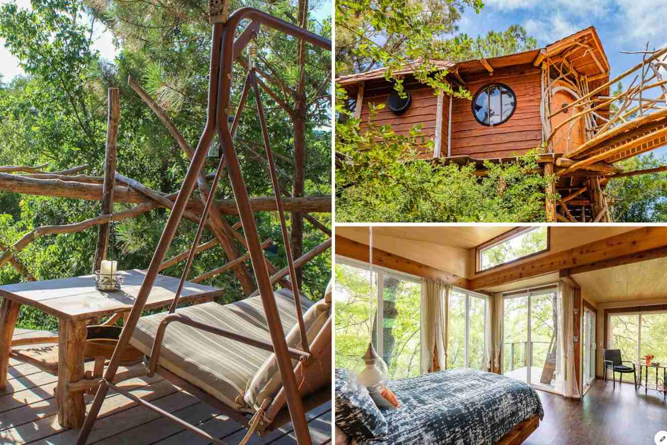 collage of 3 images with: a bedroom, lounge on a the terrace and a treehouse