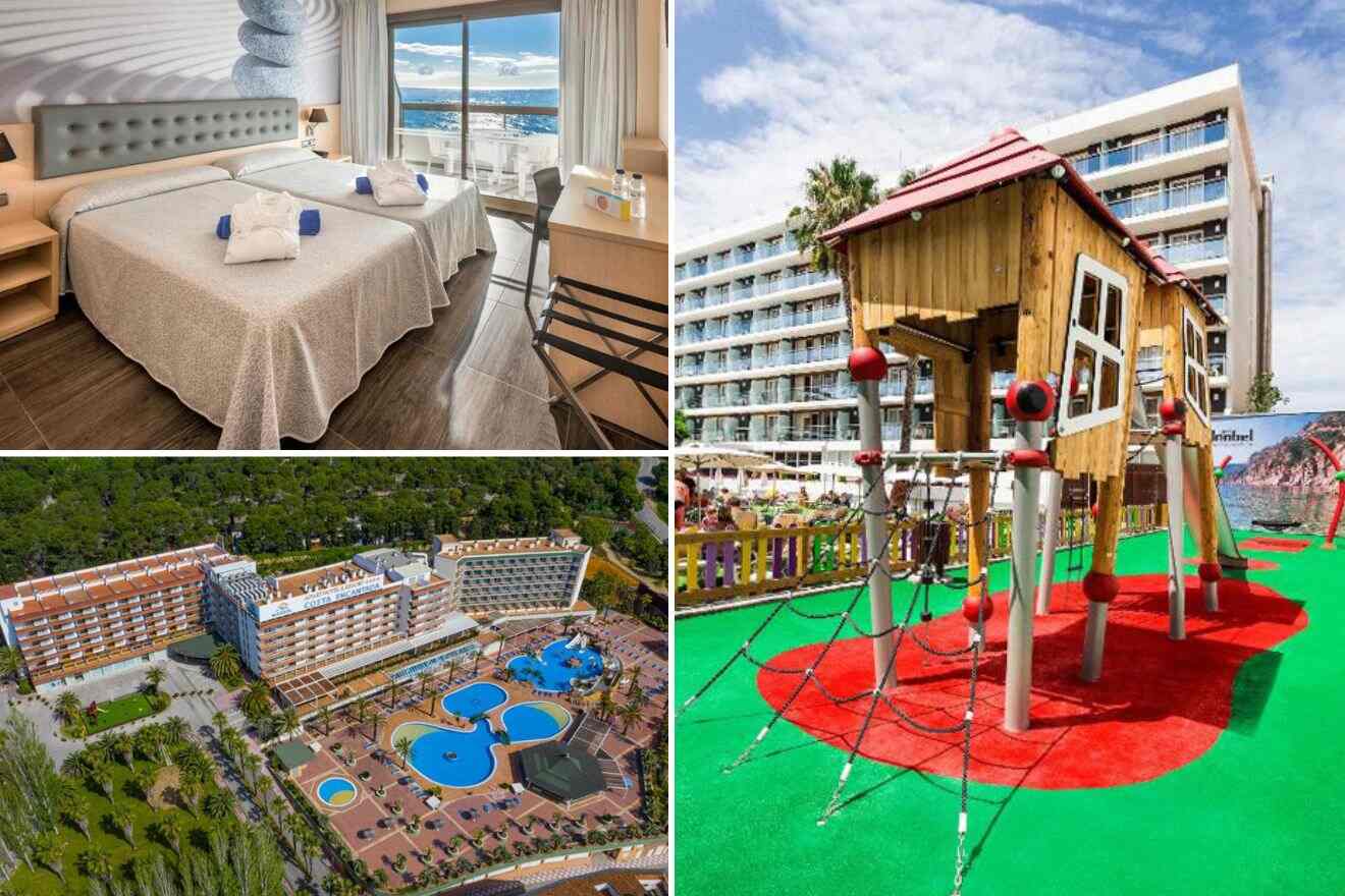 Collage of three hotel pictures: bedroom, aerial view of a hotel, and kids' playground