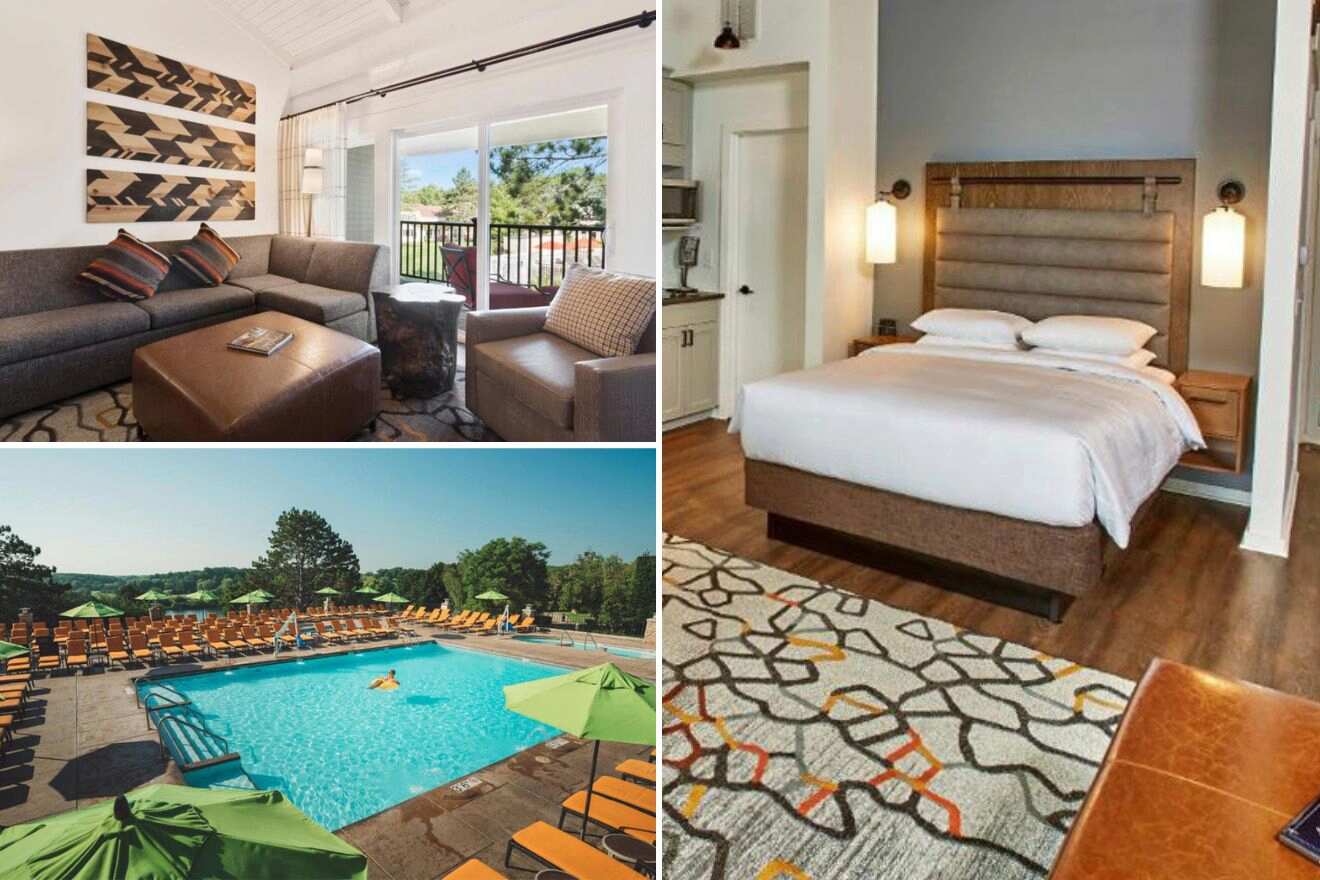 Collage of three hotel pictures: living room, outdoor pool, and bedroom
