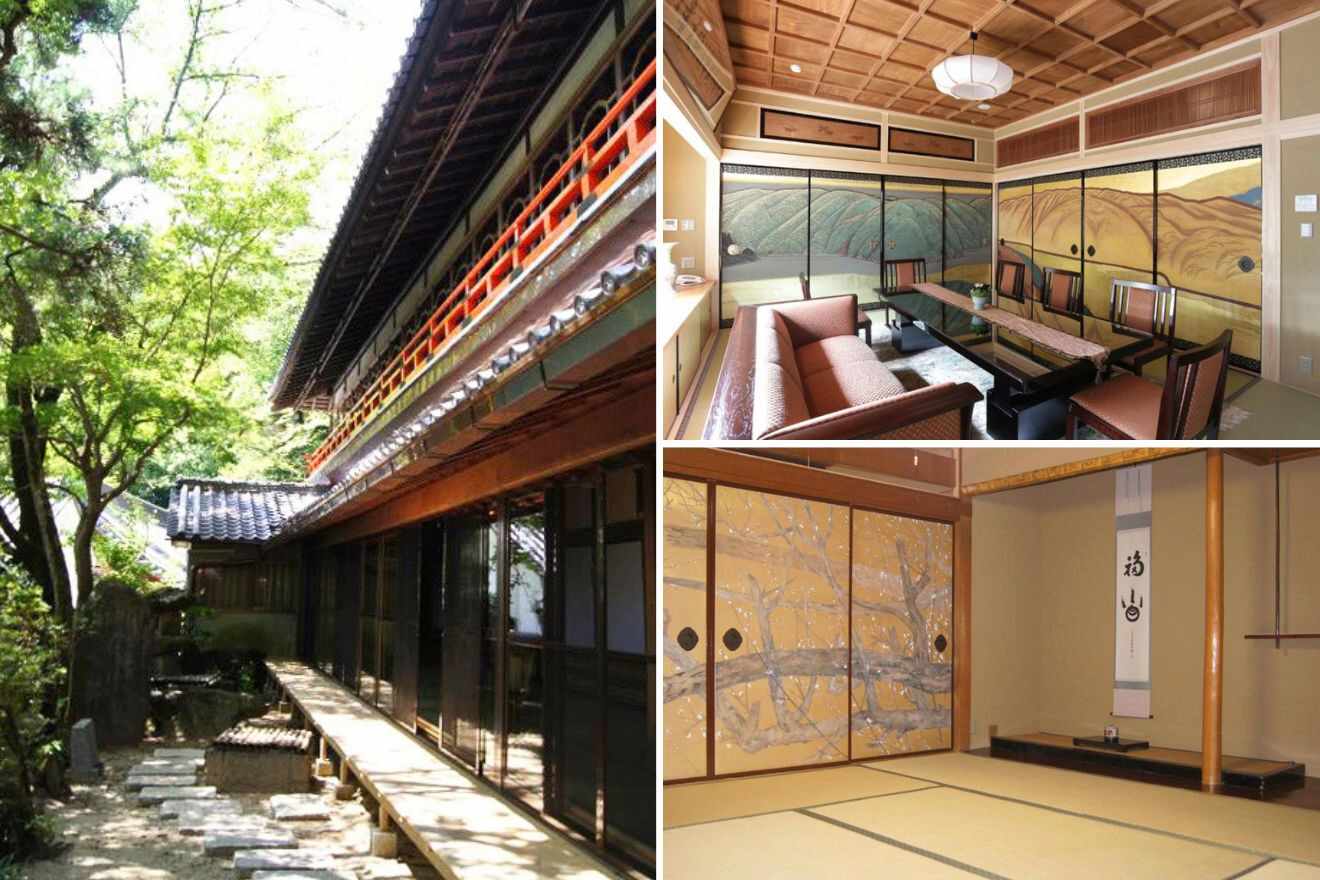 collage of 3 images of a Japanese house with: hotel's building, dining room and room with decorations