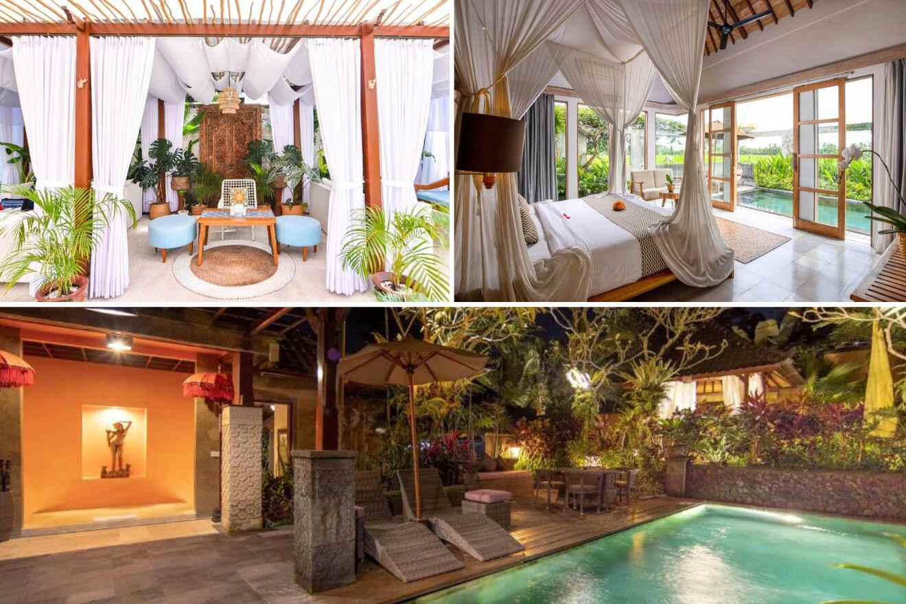 collage of 3 images with: a pool, bedroom and lounge