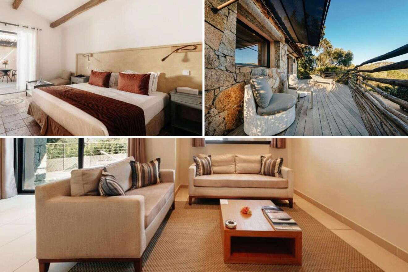 Collage of three hotel pictures: bedroom, outdoor seating area, and living room