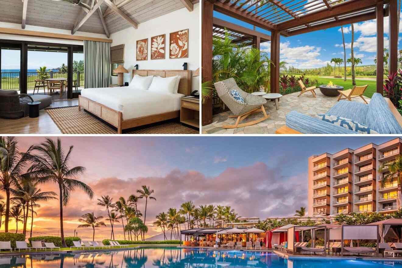 collage of 3 images with: a bedroom, pool view and lounge area