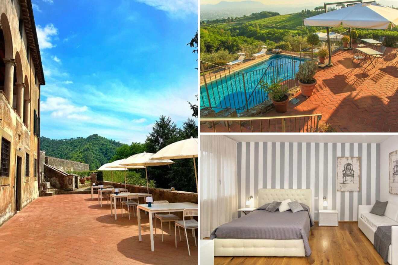 collage of 3 images with: a bedroom, restaurant on the terrace and pool