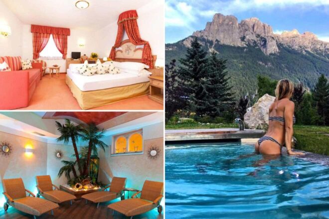 collage of 3 images with: a bedroom, loungers with a large plant and woman sitting in an outdoor pool looking at the mountains